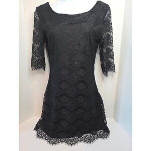 ANNIE TOM Black Lace Sheath Dress 3/4 Sleeve Scoop Neck Elegant Party Size S